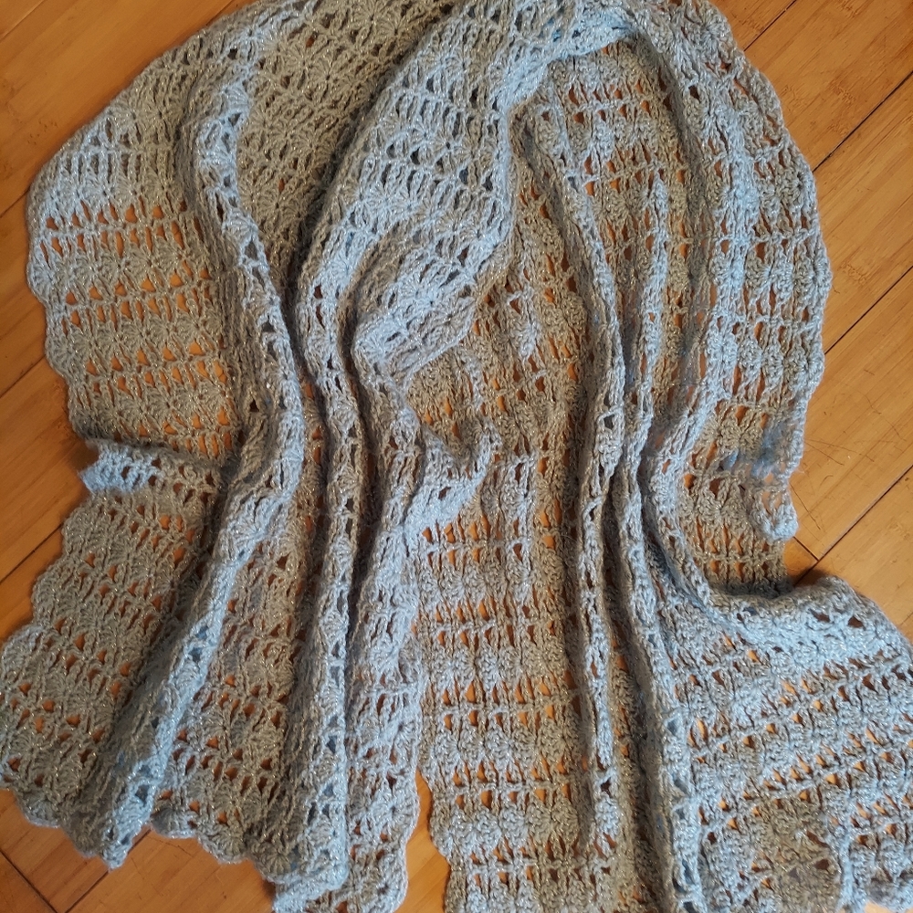Handmade crocheted scarf shawl blue gray with silver metallic thread 70in x 24in